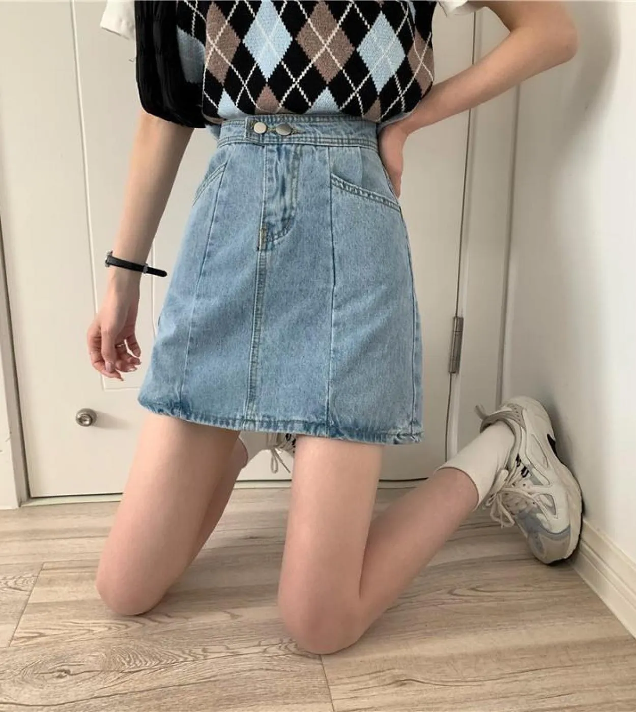 Moukyun Summer Women Minigonna in denim Gonna jeans a vita alta di grandi dimensioni Ladies Loose Fashion A Line Gonne in cotone