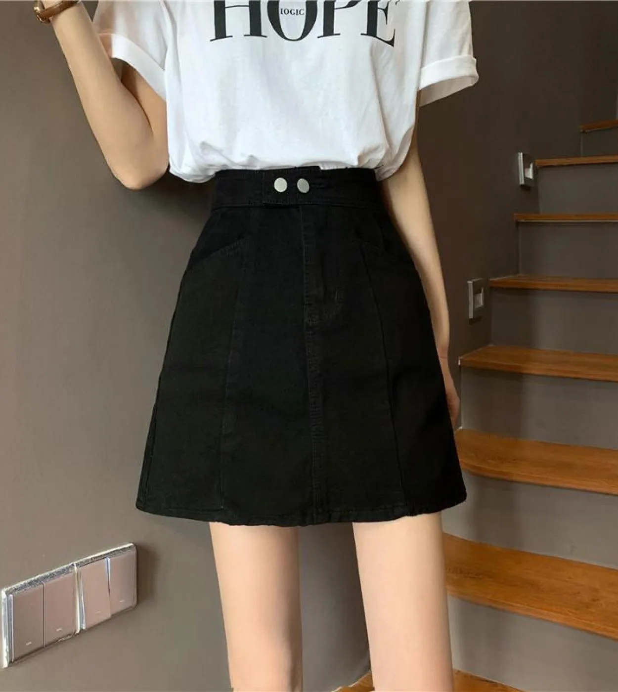 Moukyun Summer Women Minigonna in denim Gonna jeans a vita alta di grandi dimensioni Ladies Loose Fashion A Line Gonne in cotone