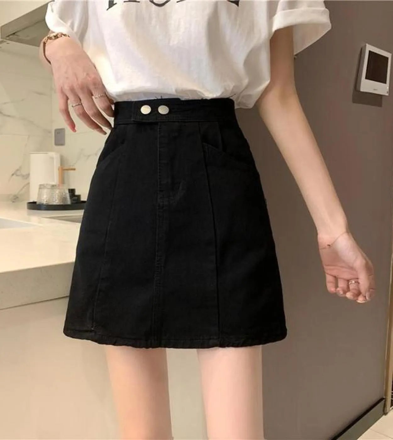 Moukyun Summer Women Minigonna in denim Gonna jeans a vita alta di grandi dimensioni Ladies Loose Fashion A Line Gonne in cotone