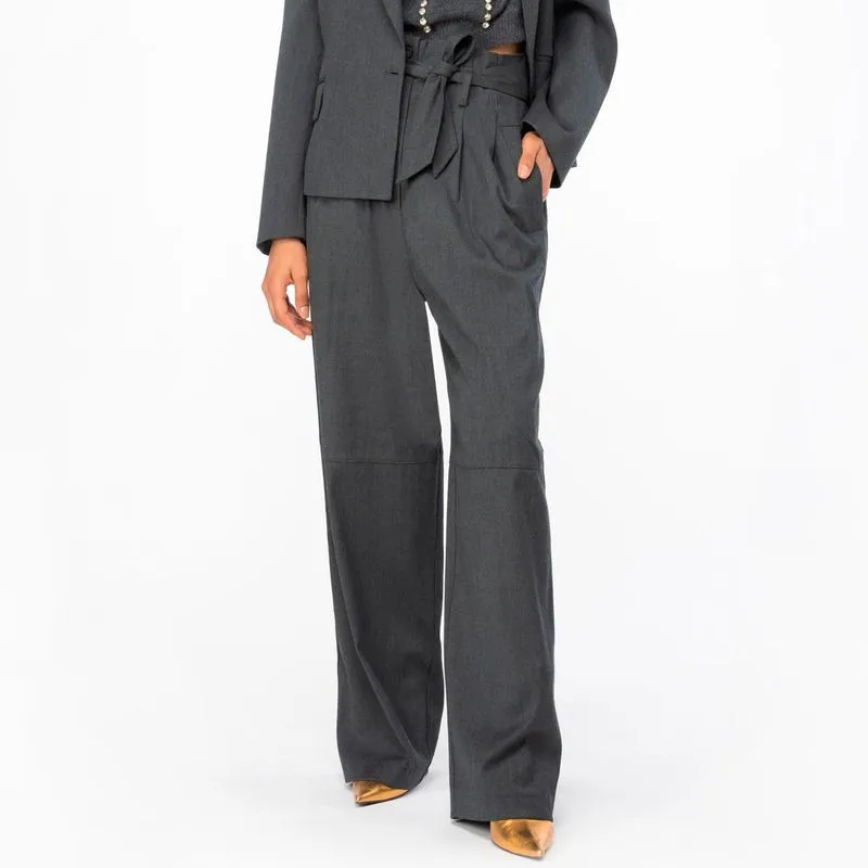 Pantalone grigio wide leg a vita alta 