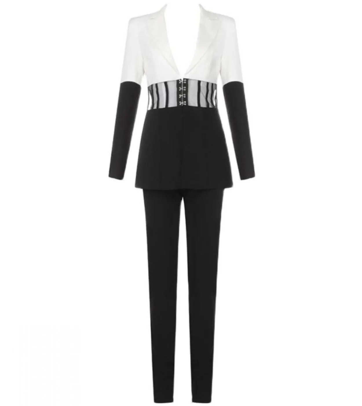 Pantalone nero si adatta a due pezzi Set tailleur pantalone da donna Business Pantaloni a matita con cuciture bianche nere Vedi