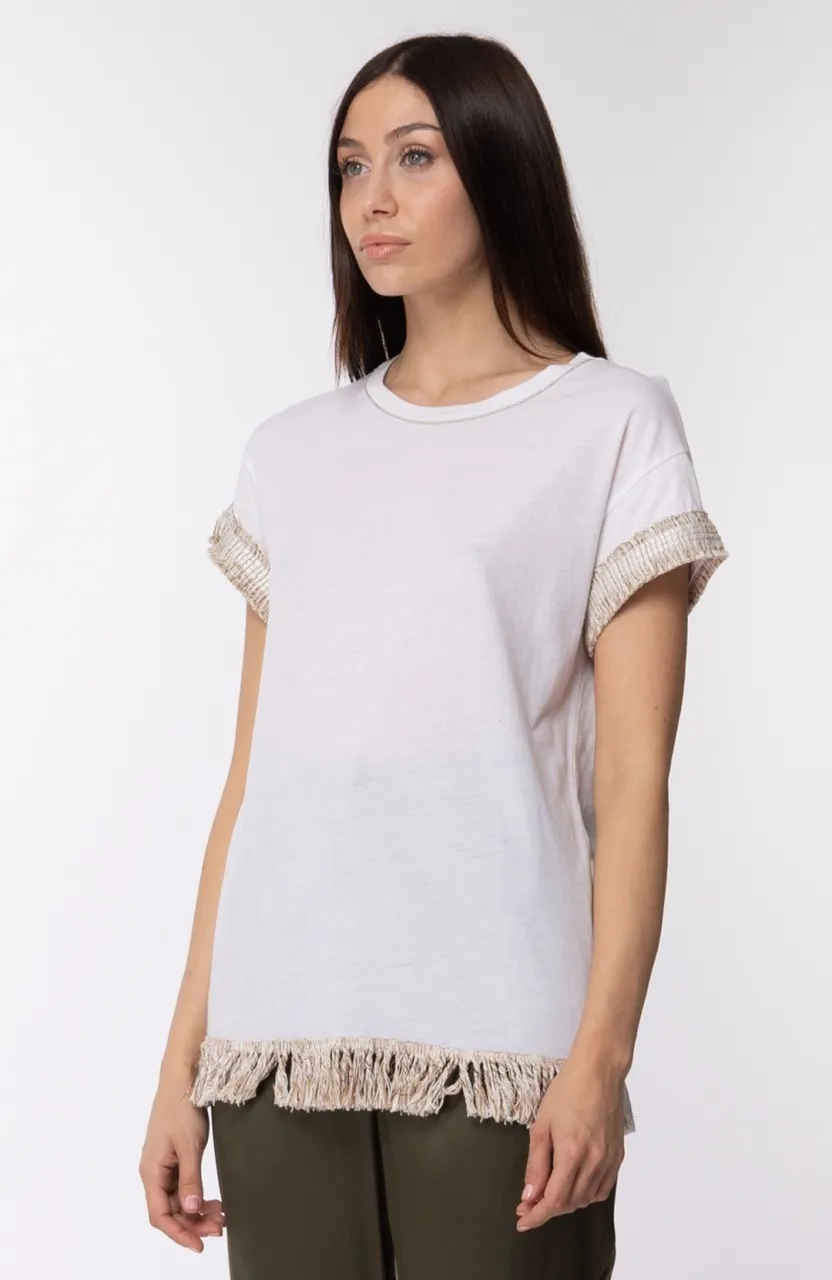 PLEASE: T-SHIRT CON FRANGE E RICAMO SULLE MANICHE Bianco
