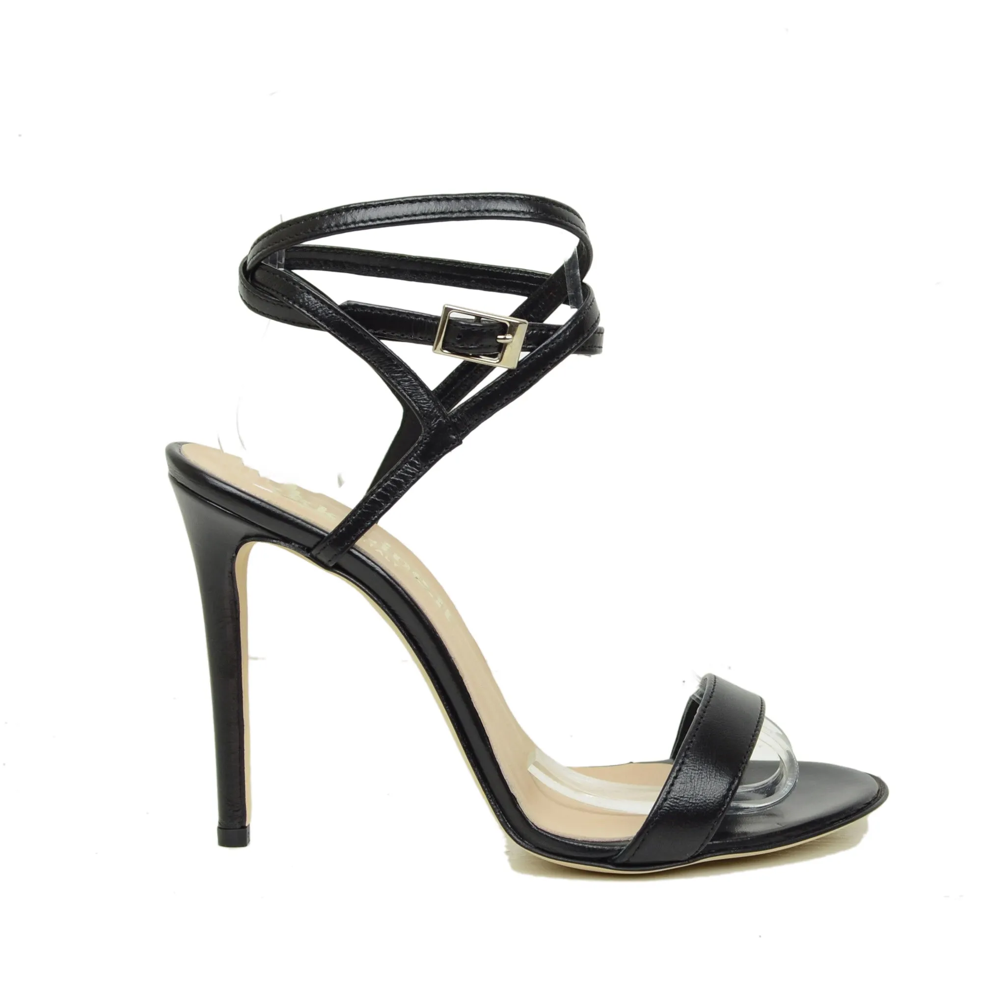 Sandali Donna Neri in Pelle con Tacco a Spillo Made in Italy