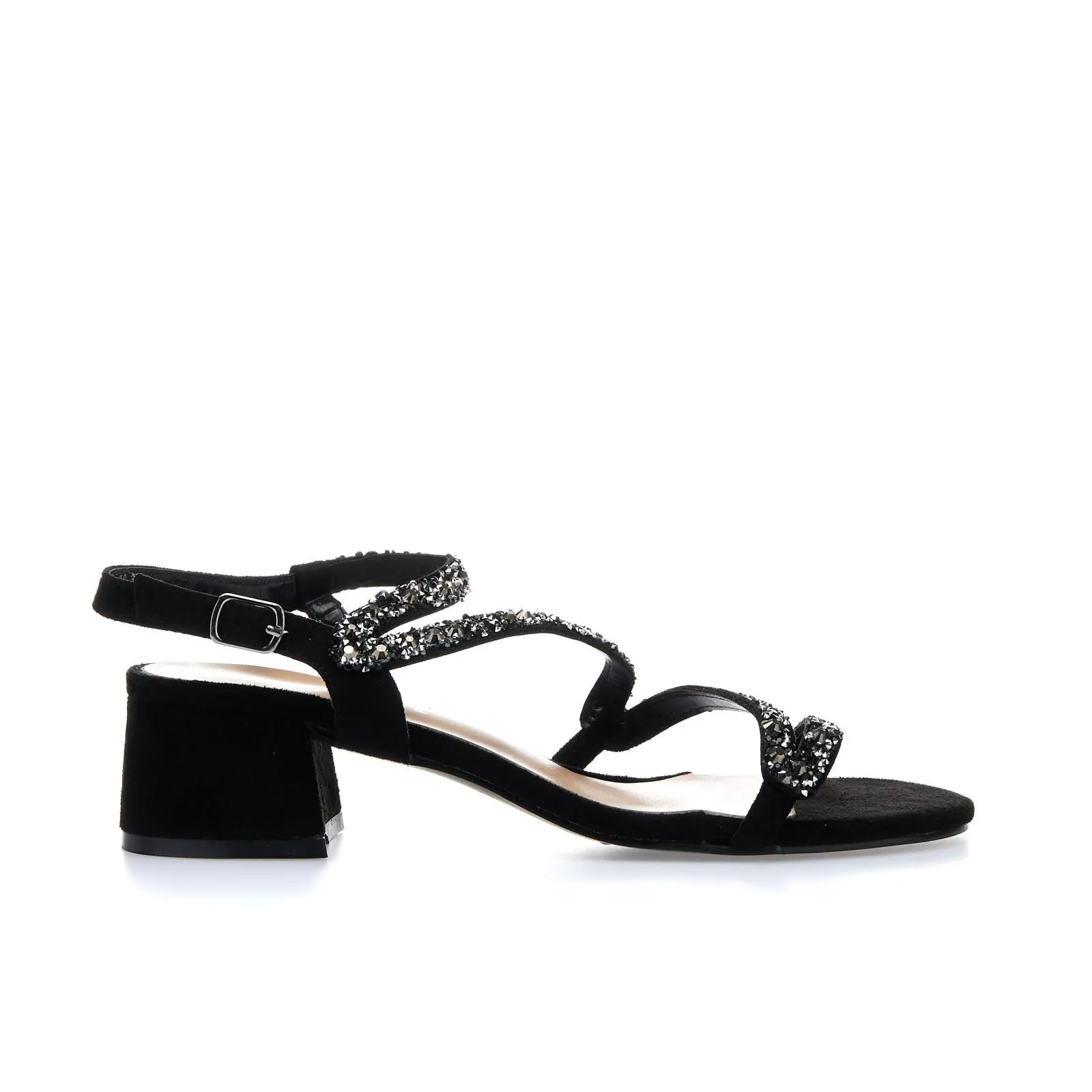 Sandali neri con tacco con borchie e strass