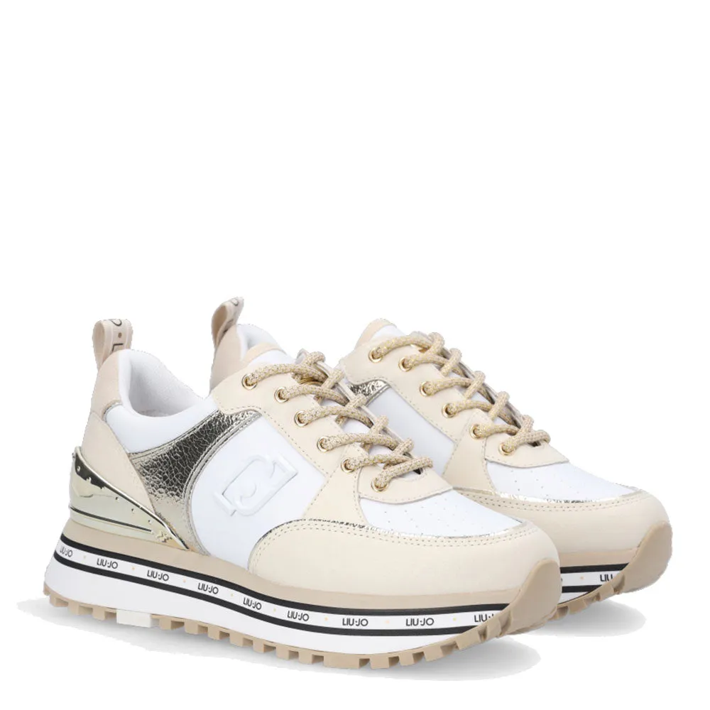 Scarpe Donna LIU JO Sneakers Platform Maxi Wonder 20 in Pelle e Crackle Bianco e Oro