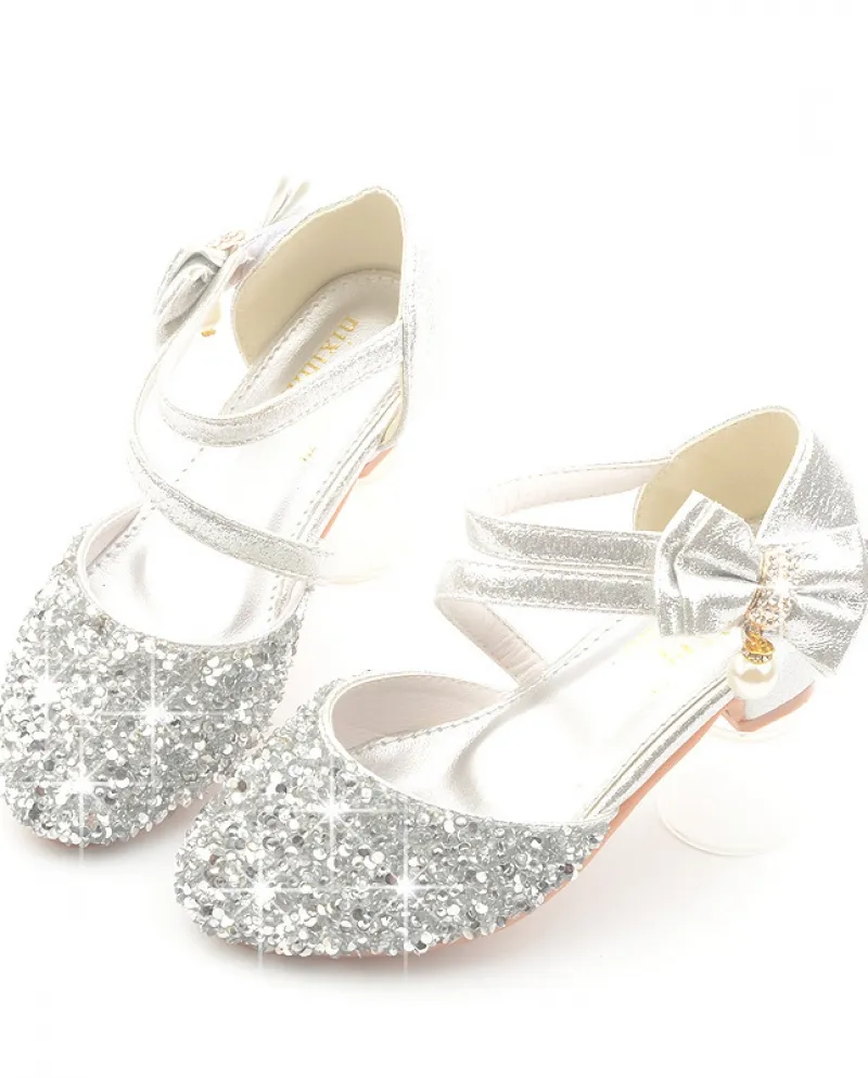 Scarpe in pelle con tacco alto da bambina Scarpe in cristallo per bambini Sandali a mezza confezione