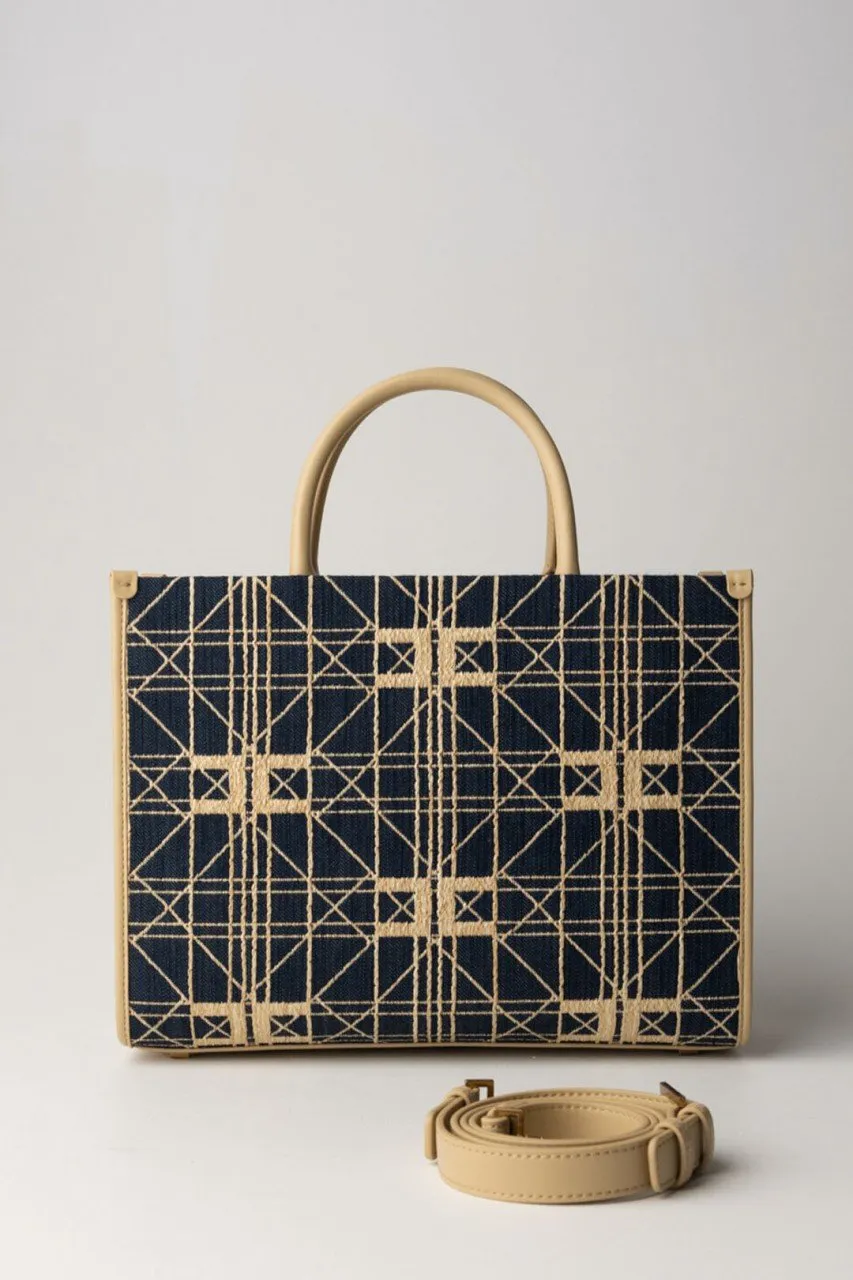 Shopper media in rafia con logo Denim/Paglia