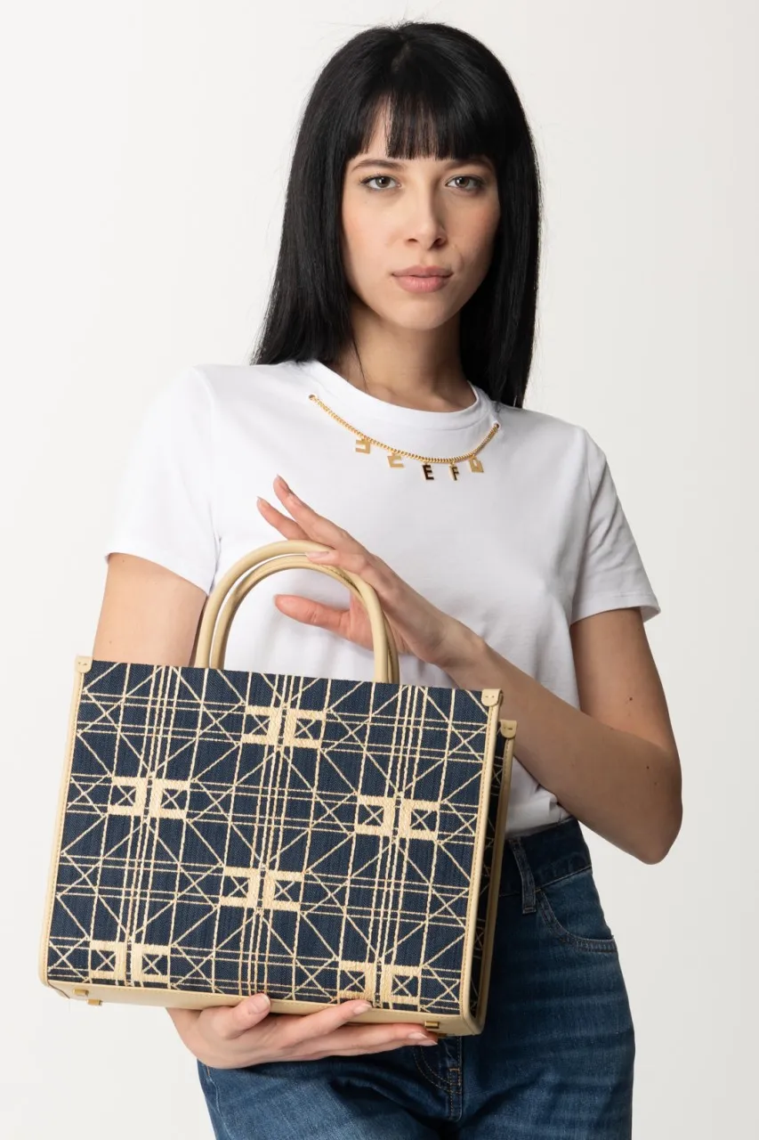 Shopper media in rafia con logo Denim/Paglia