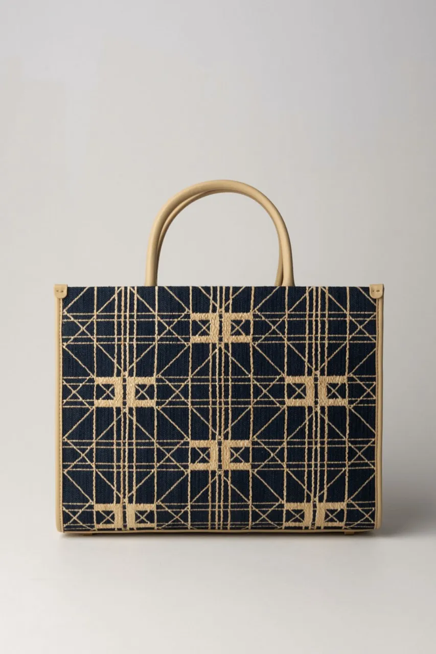 Shopper media in rafia con logo Denim/Paglia