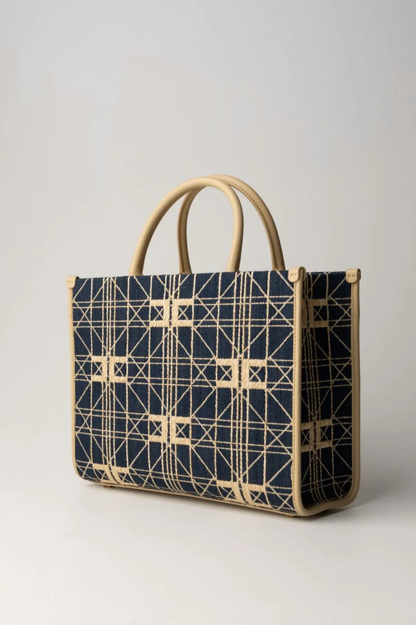Shopper media in rafia con logo Denim/Paglia
