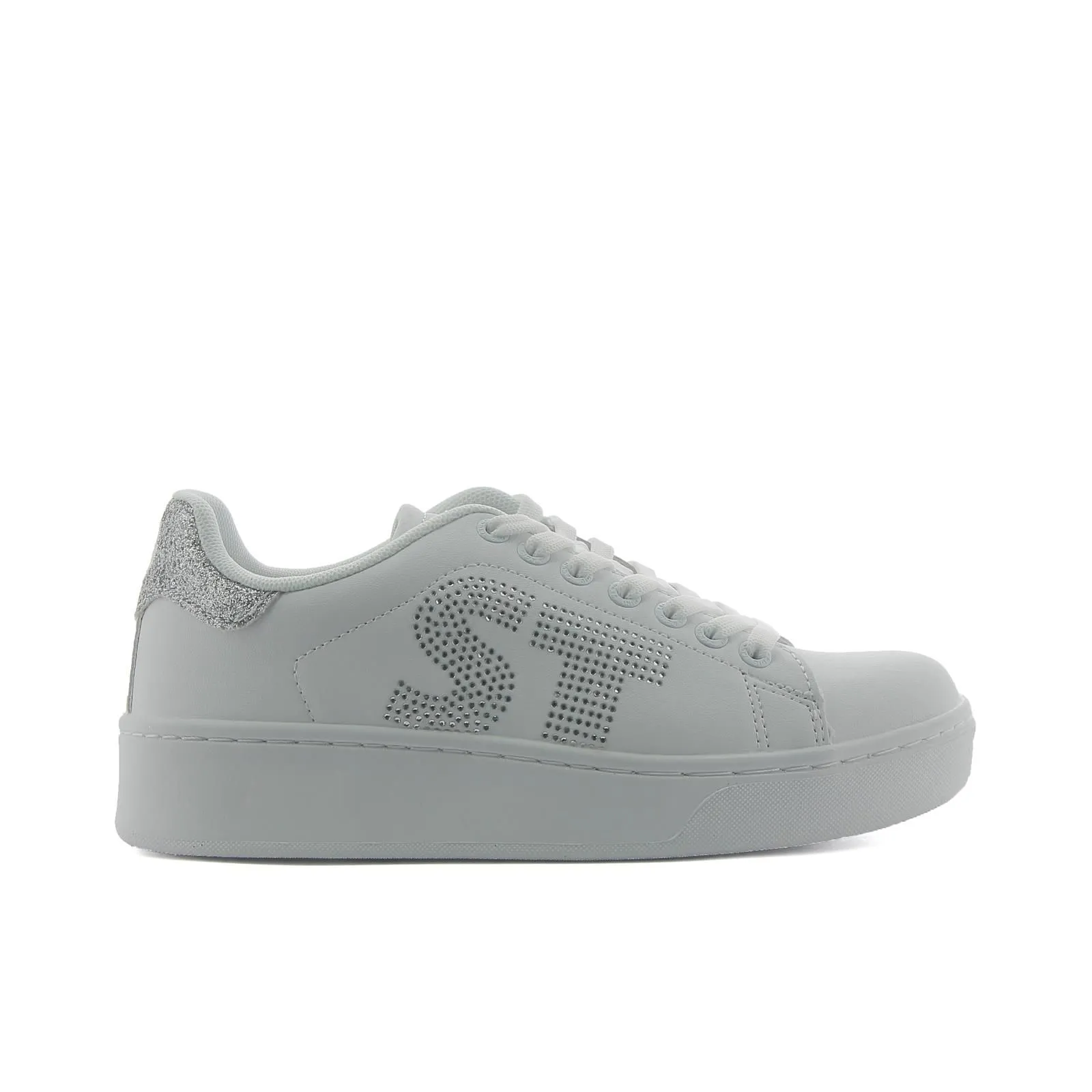 Sneakers tennis da donna bianche con logo in micro strass e platform