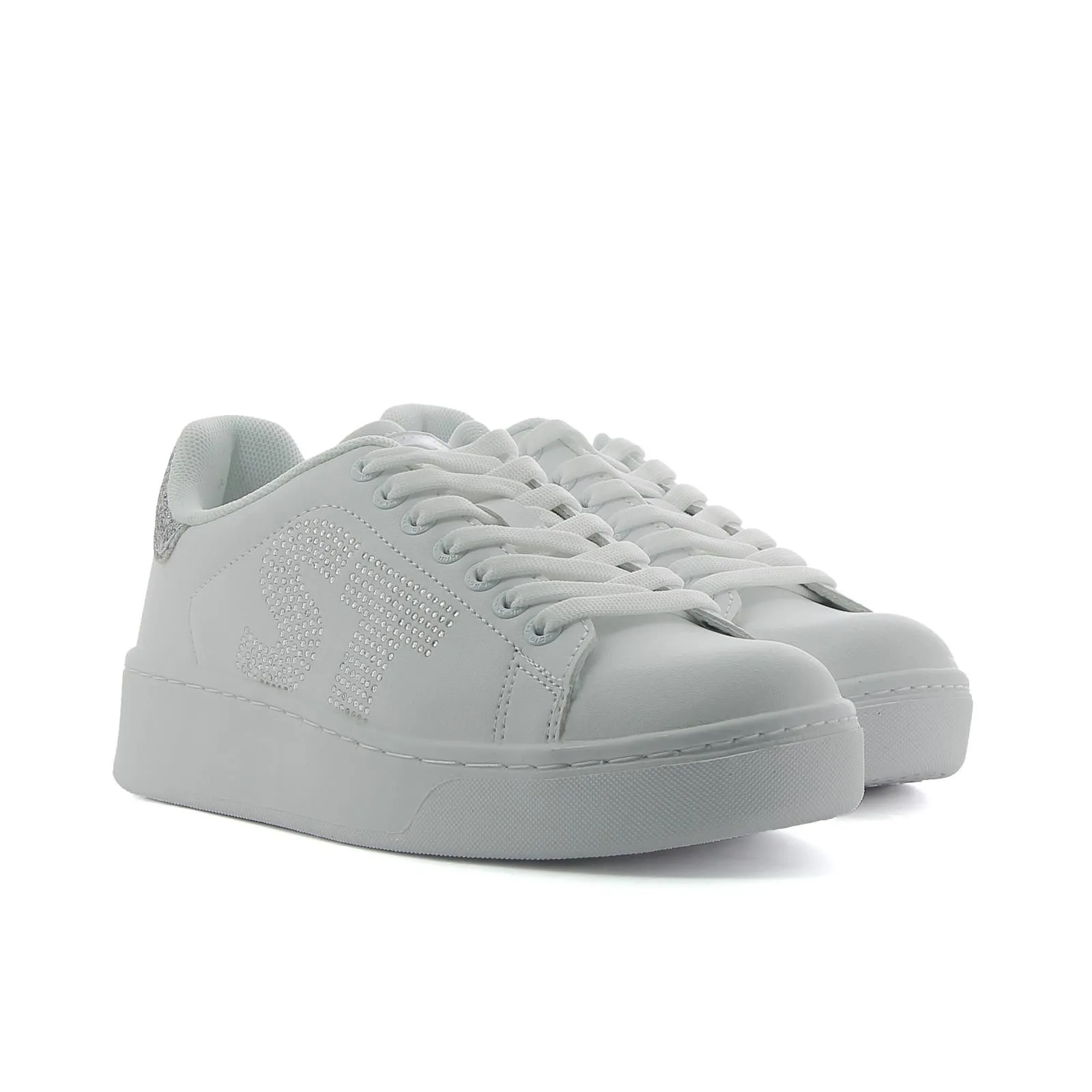 Sneakers tennis da donna bianche con logo in micro strass e platform