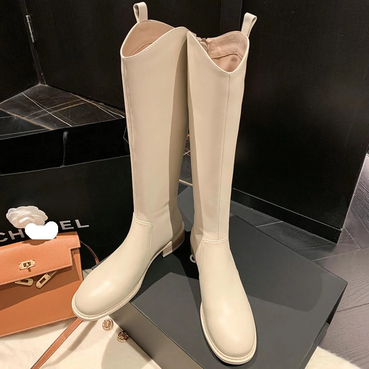 Stivali alti al ginocchio da donna Tacchi bassi Moda in vera pelle Scarpe casual da festa concise Donna Autunno Inverno 2024 Nuo