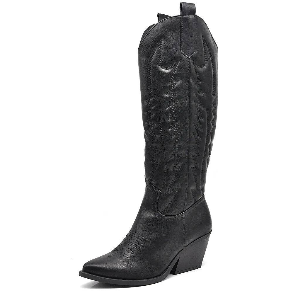Stivali Alti Da Donna Texani Cowboy Cowgirl A Punta Con Tacco Medio Y03 nero
