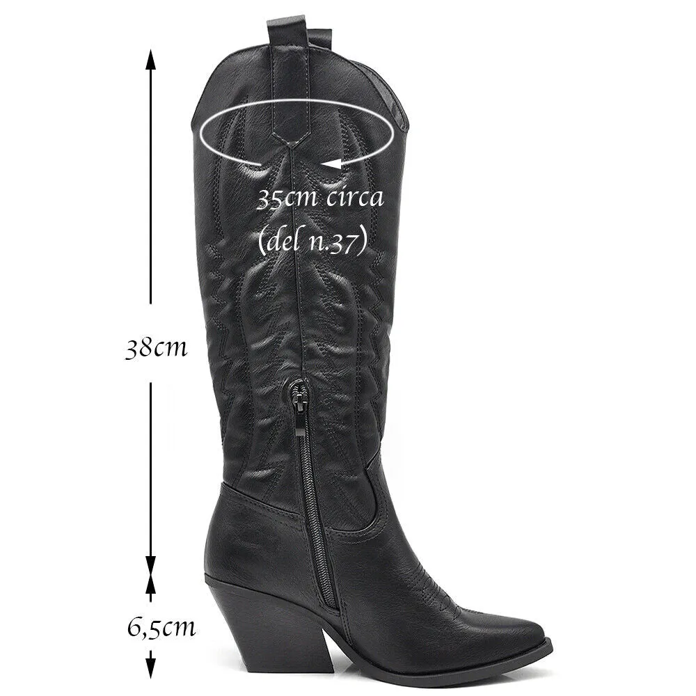 Stivali Alti Da Donna Texani Cowboy Cowgirl A Punta Con Tacco Medio Y03 nero