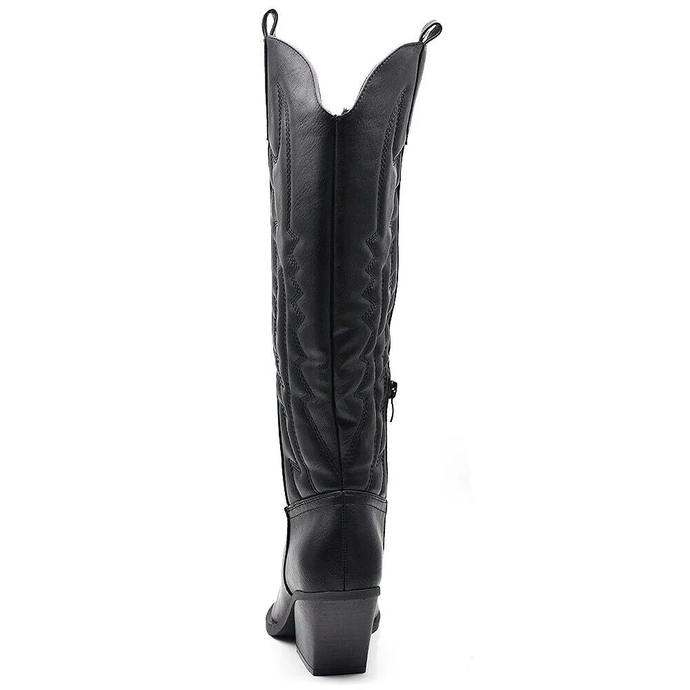 Stivali Alti Da Donna Texani Cowboy Cowgirl A Punta Con Tacco Medio Y03 nero