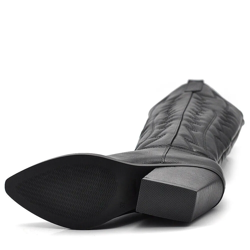 Stivali Alti Da Donna Texani Cowboy Cowgirl A Punta Con Tacco Medio Y03 nero