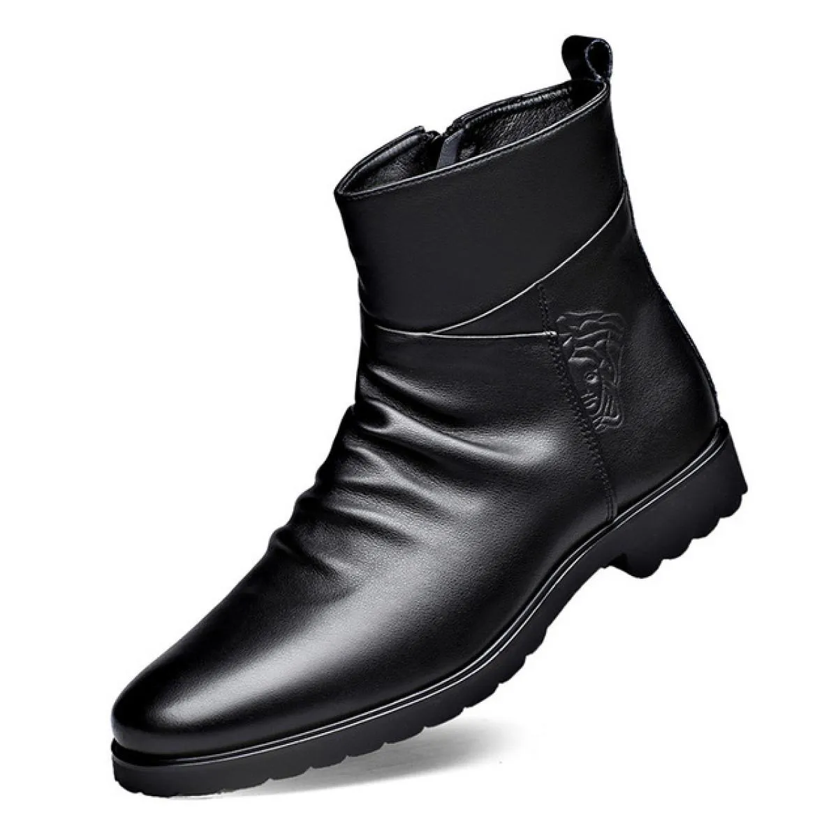 Stivali in pelle da uomo Punta tonda Stivali da moto rialzati interni Cerniera laterale Scarpe da trekking con fondo spesso Bota