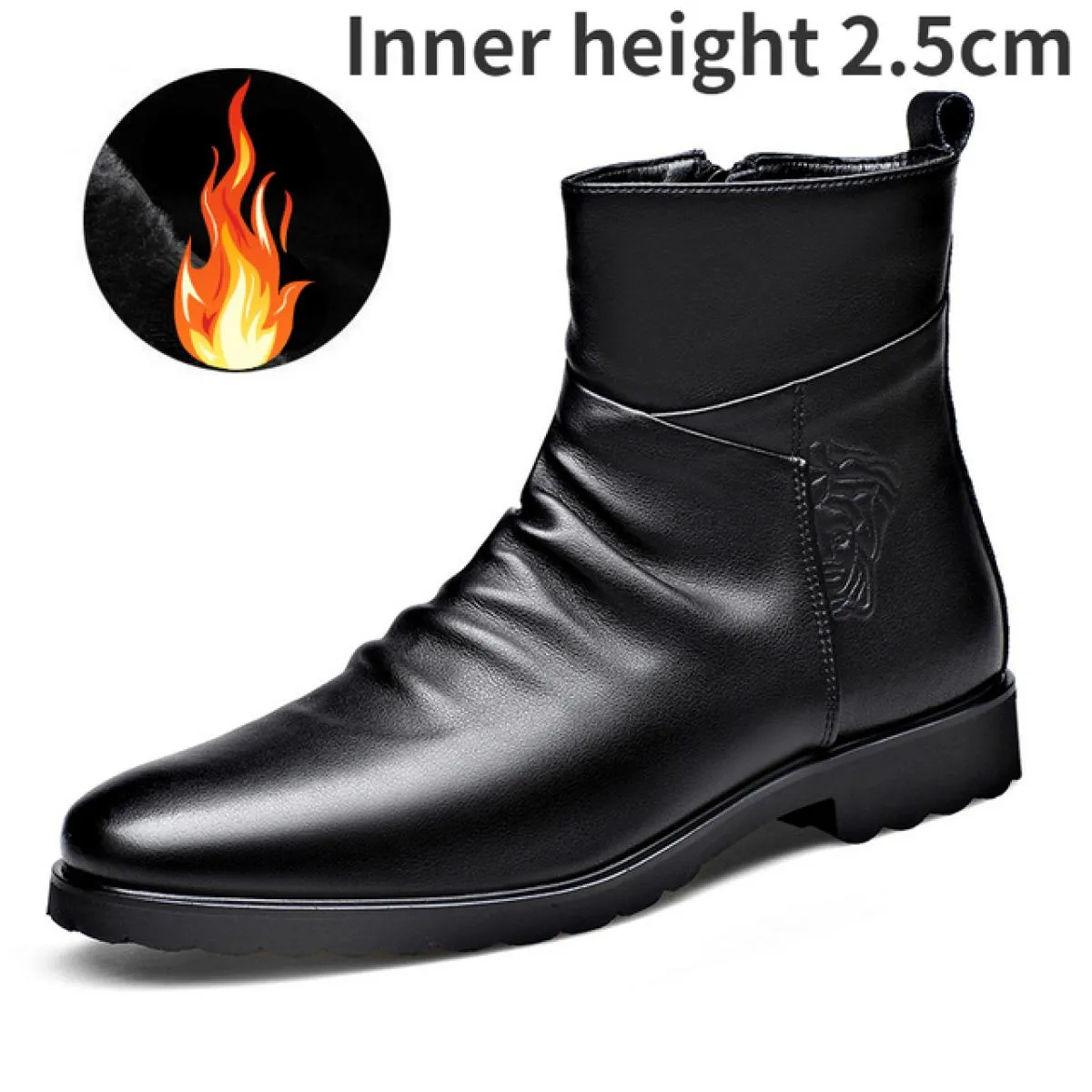 Stivali in pelle da uomo Punta tonda Stivali da moto rialzati interni Cerniera laterale Scarpe da trekking con fondo spesso Bota