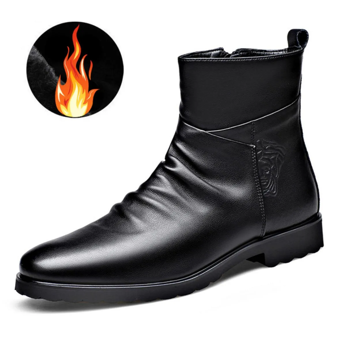 Stivali in pelle da uomo Punta tonda Stivali da moto rialzati interni Cerniera laterale Scarpe da trekking con fondo spesso Bota