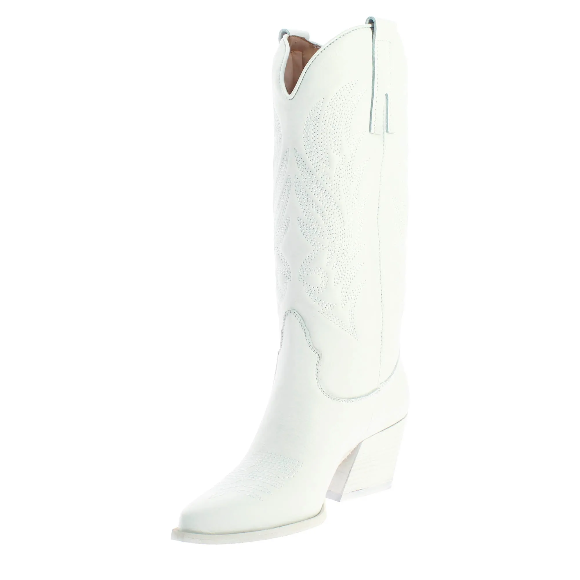 Stivali texani medi da donna in pelle colore bianco con ricami.