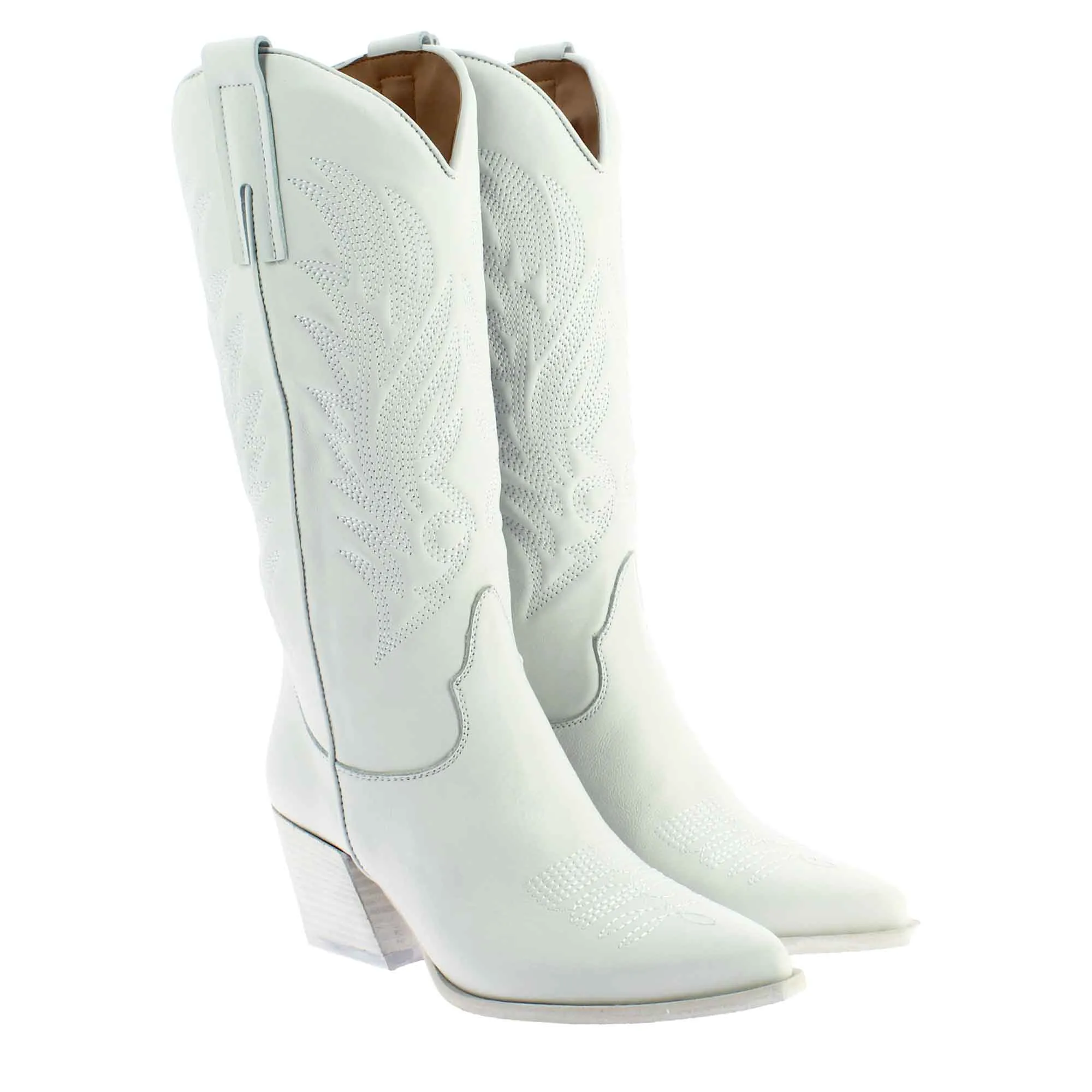 Stivali texani medi da donna in pelle colore bianco con ricami.