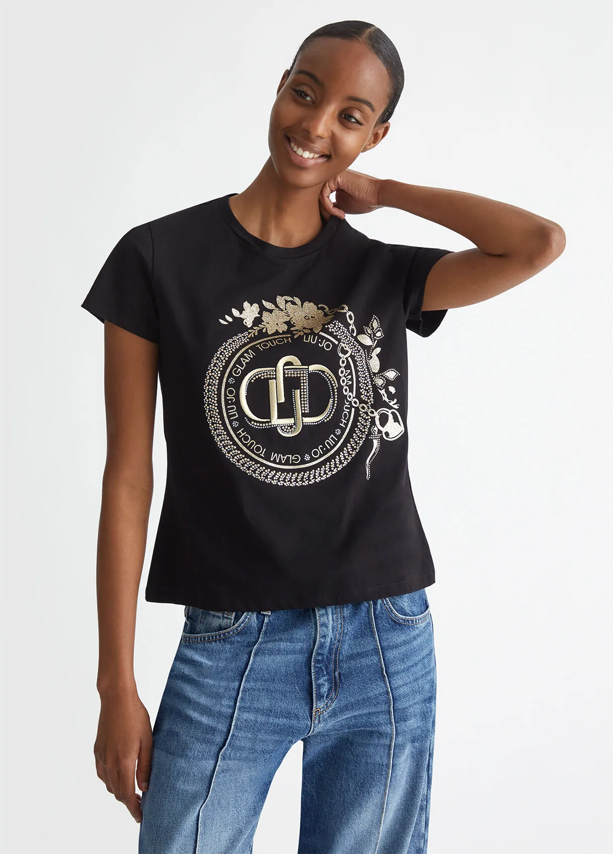 T-shirt con logo e strass