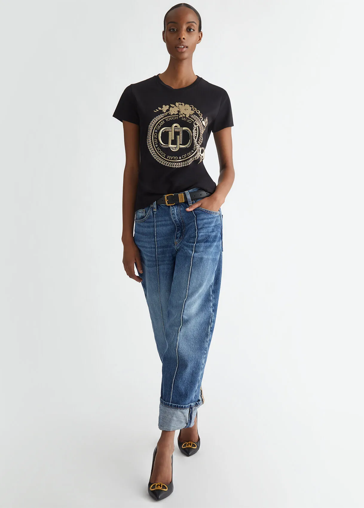 T-shirt con logo e strass
