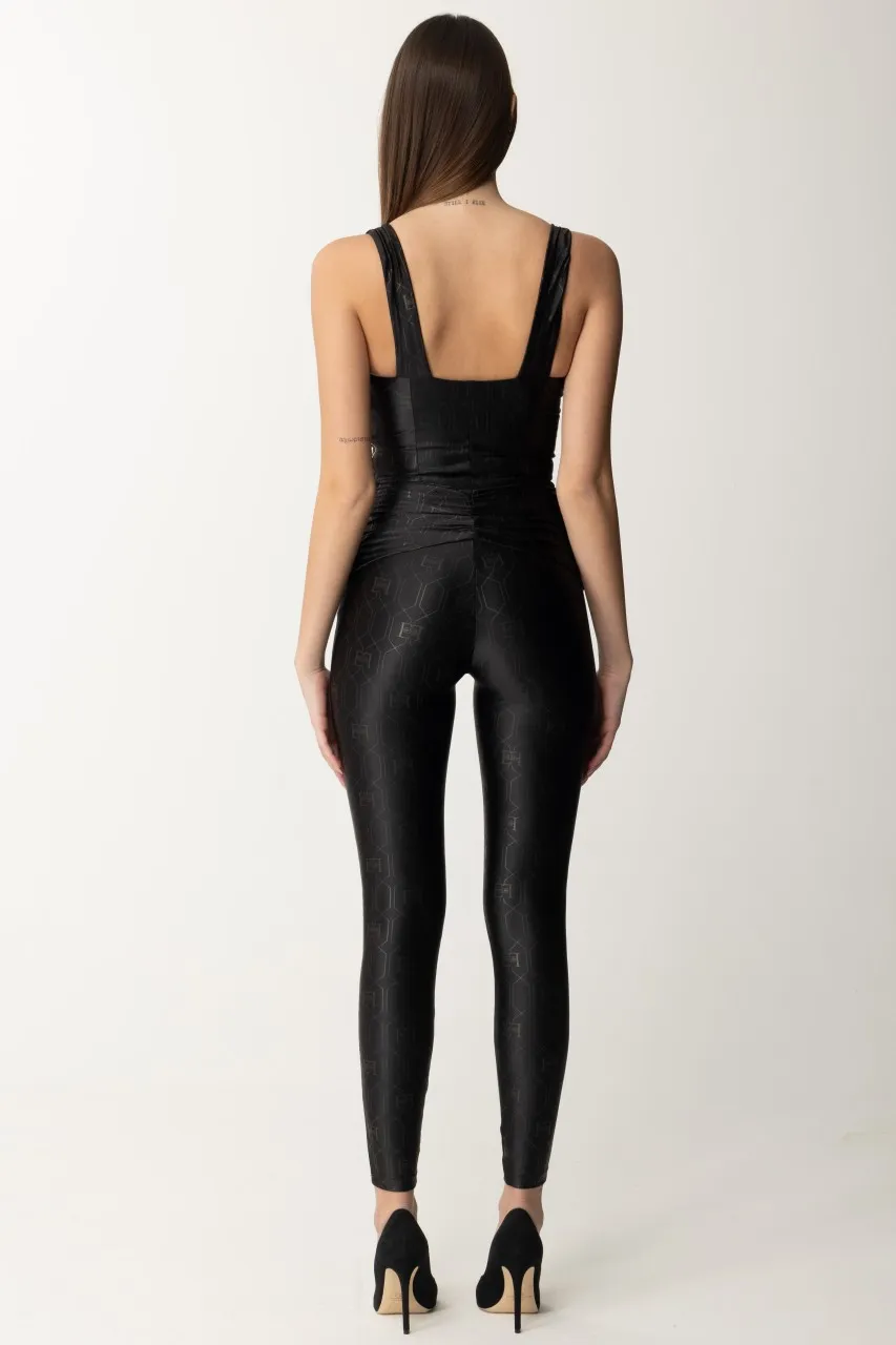 Tuta in lycra lucida con stampa logo Nero
