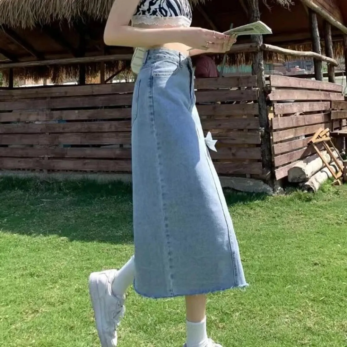 Xpqbb Gonne di jeans blu chiaro per le donne Gonna lunga con spacco laterale con fiocco moda Donna 2022 Gonne longuette a vita a
